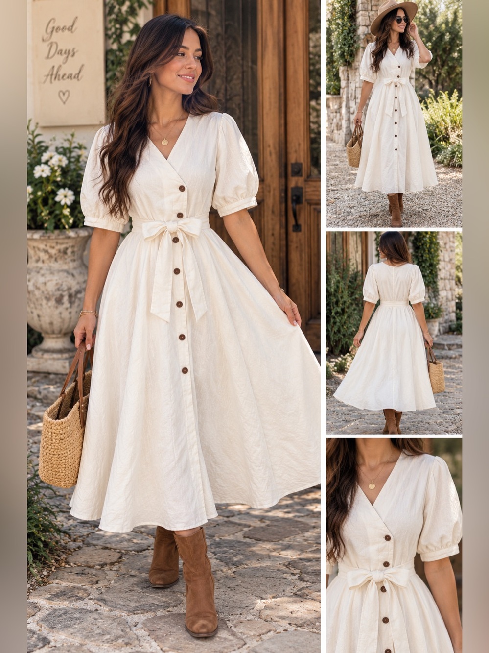Bibyseob Ivory Cotton Wrap Midi Puff Sleeve feminine
